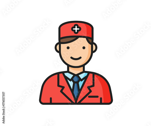 Colorful flat line icon of a smiling male doctor or medical professional wearing a red uniform and cap with a cross.
