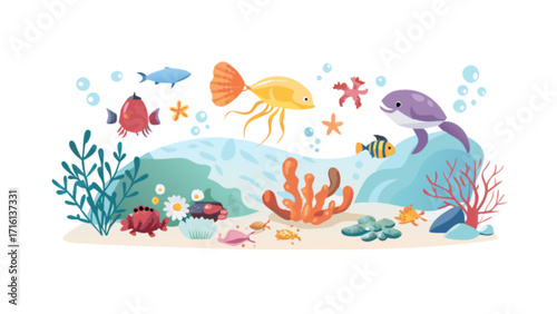 Cartoon underwater scene with colorful fish coral and marine life vector illustration design art