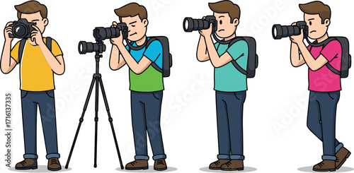 Cartoon man taking photos with DSLR camera in different poses, photographer using tripod and backpack for outdoor photography