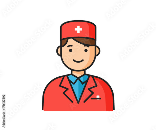 Cartoon illustration of a smiling doctor wearing a red uniform and cap with a white cross symbol.