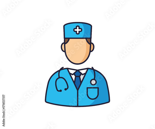 Illustration of a doctor wearing a blue coat and hat with a stethoscope.