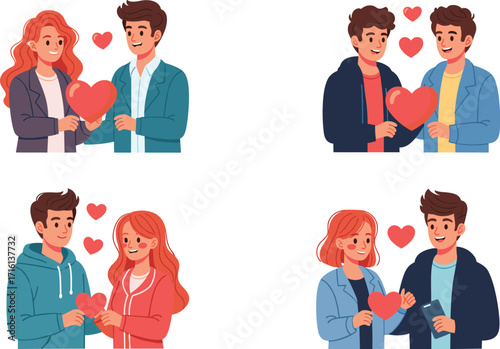 Cute couple holding heart, romantic love scenes, cartoon lovers, Valentine's Day, happy relationship, vector illustration, affectionate couple