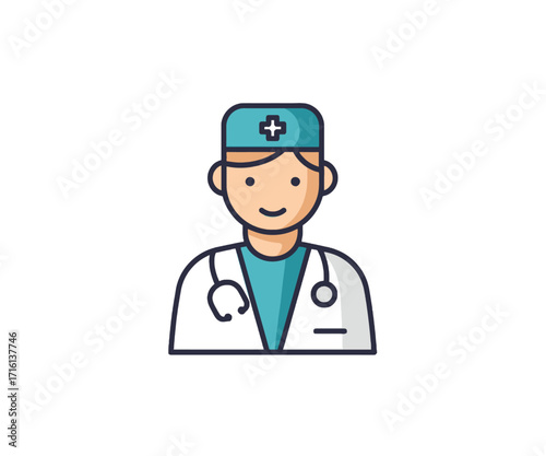 A flat vector icon of a male doctor wearing a lab coat, surgical cap, and a stethoscope on a white background.