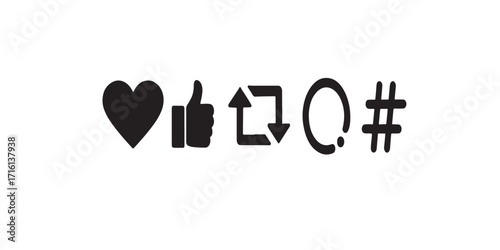 Print  Social engagement icon set – heart reaction, thumbs up, retweet, story icon, and trending tag, simple bold vector, isolated on white background