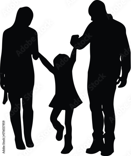 Family silhouette of mother, father, and daughter holding hands, happy family walking together, love and unity concept, vector illustration, black and white, simple design