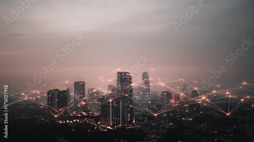 Wallpaper Mural grid. Abstract city skyline with glowing connection lines, set against a gradient-lit atmospheric backdrop. real-estate listings. Torontodigital.ca