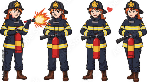 Female firefighter in uniform, cartoon character, fire rescue, emergency service, woman firefighter, fire extinguisher, heroic rescue team, safety profession