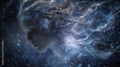 A mystical woman radiating light, her hair a trail of stardust and cosmic winds, in a deep space void