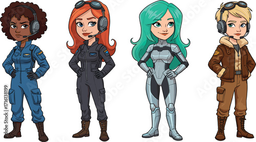 Female pilots and astronauts in flight suits, cartoon characters, space and aviation, diverse women in STEM, futuristic aviator, sci-fi pilot, aviation crew