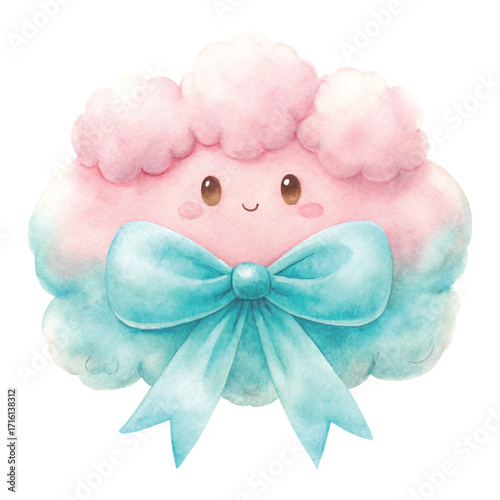 A fluffy cloud with a big shiny pastel bow on top clipart watercolor 
