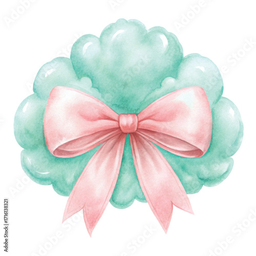 A fluffy cloud with a big shiny pastel bow on top clipart watercolor 
