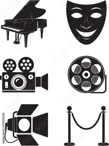 Stage performance icons like piano, mask, film, and lights