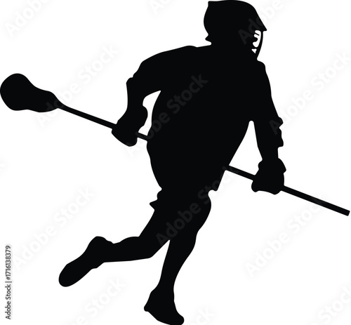 Lacrosse player silhouette running with stick, athlete practicing competitive team sport, action movement, energy, strength, training, outdoor game, fitness exercise, speed, determination, discipline