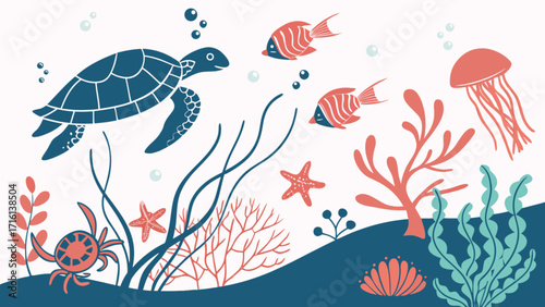 Sea life illustration with turtle, fish, jellyfish, starfish, coral reef and seaweed vector art