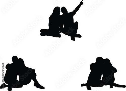 Romantic couple silhouettes sitting together, pointing at sky, embracing, leaning close, peaceful outdoor moment, love, intimacy, connection, minimal black illustration