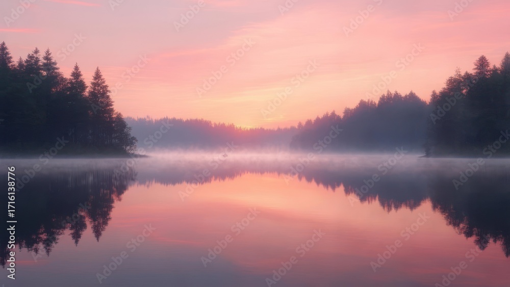 Fototapeta premium Lake reflection with forest and sunset sky