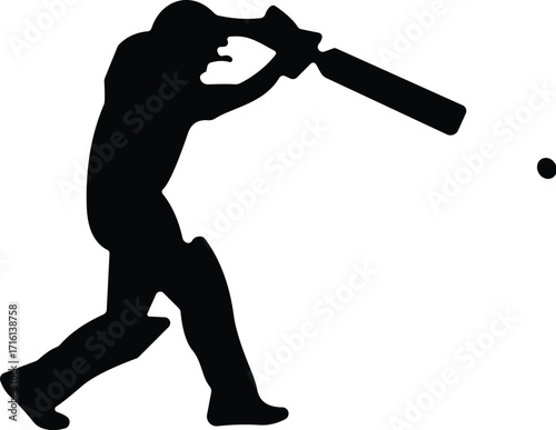 Silhouette of cricket batsman mid-swing, powerful action pose, vector sports illustration, black and white design for editorial or promotional use