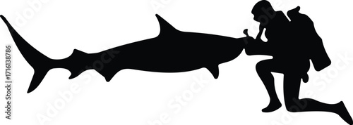 Silhouette of diver interacting with shark, underwater encounter, marine life, scuba diving, ocean adventure, wildlife exploration, black and white vector illustration