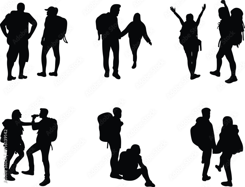 Obraz premium Silhouettes of hiking couples, outdoor adventure, backpack travel, resting, walking, cheering, bonding moments, nature exploration, minimal black illustration, teamwork, connection