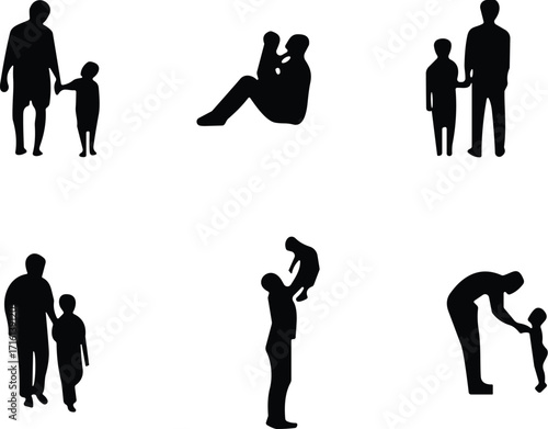 Silhouettes of father and child, family bonding moments, black and white vector illustrations for parenting, love, or family concept design