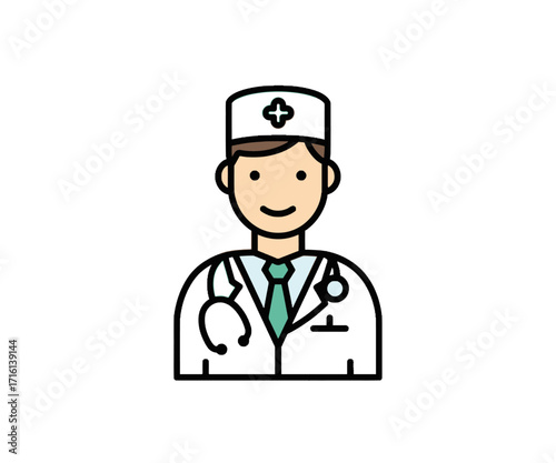 Smiling doctor icon, wearing a white coat and a cap, with a stethoscope.
