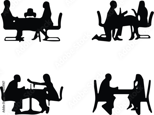 Silhouettes of people sitting at tables, dining and meeting scenes, black and white vector illustrations for restaurant, café, or business concept design