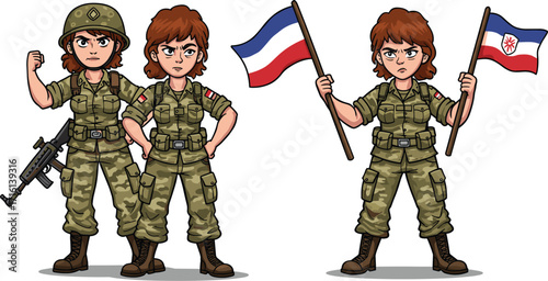 Strong female soldiers in military uniforms holding Czech Republic flag, cartoon illustration, patriotic army women, defense force characters