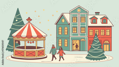 Christmas market scene with carousel and decorated trees in winter town for holiday celebration