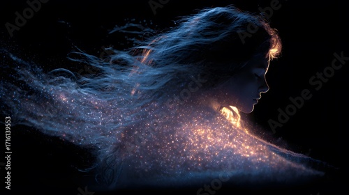 Enchanting woman glowing in the dark, her cosmic hair forming the Milky Way