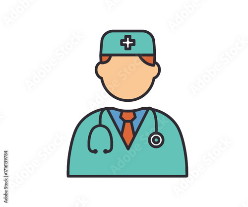 A simple, flat illustration of a doctor wearing a surgical cap and a stethoscope around their neck.