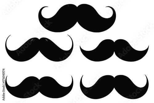 A stylish set of five black mustache vector illustrations, representing classic male grooming and retro fashion trends