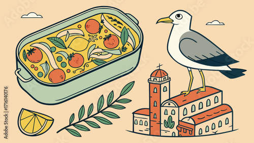 Delicious seafood stew recipe with tomatoes and lemon mediterranean cuisine dish illustration art