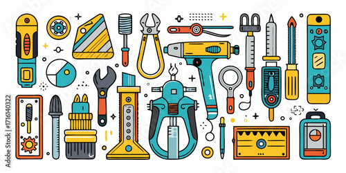 Collection of colorful construction tools and hardware for diy projects and renovation