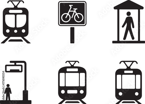 Modern transit icons depict trains, bus stops, people.