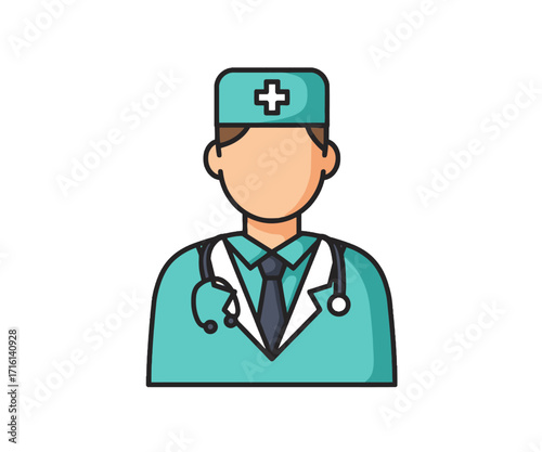 Illustration of a doctor wearing a teal uniform and a stethoscope around their neck.
