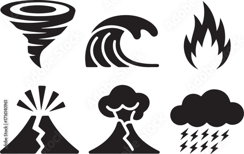 Natural disaster icons power danger symbols