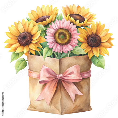 minimal watercolor brown paper bag filled with bright sunflowers clipart watercolor 