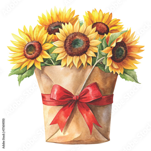 minimal watercolor brown paper bag filled with bright sunflowers clipart watercolor 
