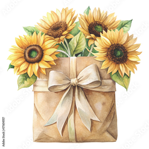 minimal watercolor brown paper bag filled with bright sunflowers clipart watercolor 