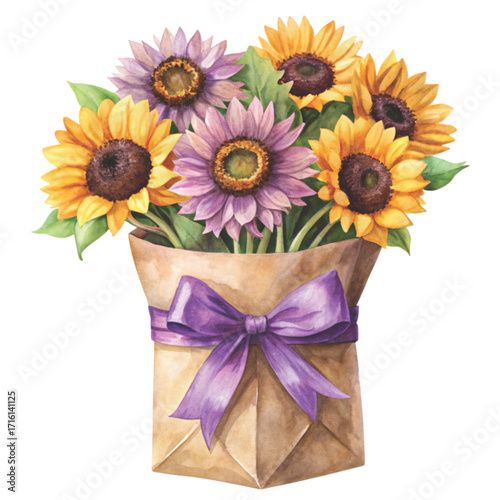 minimal watercolor brown paper bag filled with bright sunflowers clipart watercolor 