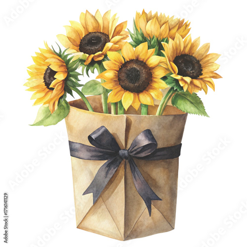 minimal watercolor brown paper bag filled with bright sunflowers clipart watercolor 