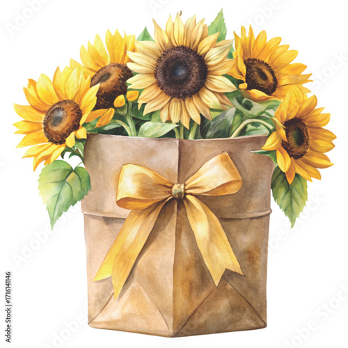 minimal watercolor brown paper bag filled with bright sunflowers clipart watercolor 