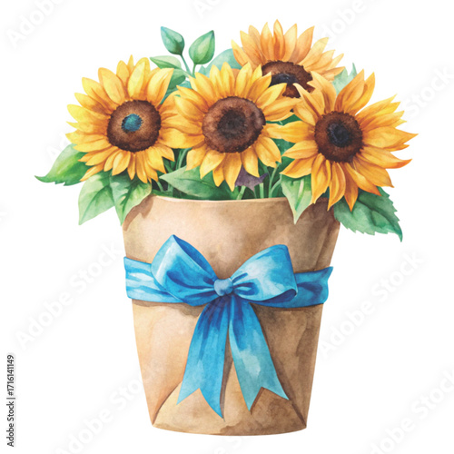 minimal watercolor brown paper bag filled with bright sunflowers clipart watercolor 
