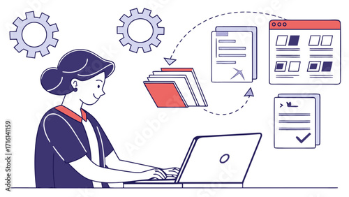 Woman working on laptop with automation process and document management system concept design vector