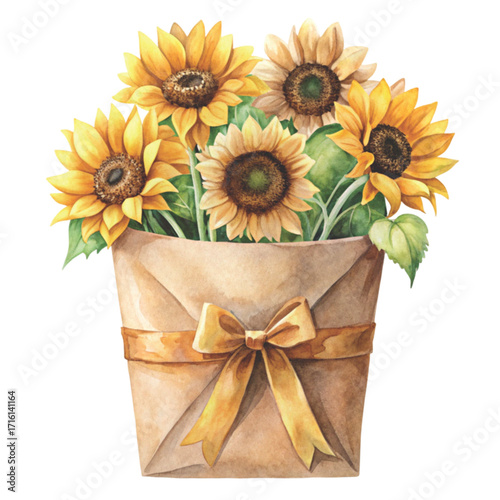 minimal watercolor brown paper bag filled with bright sunflowers clipart watercolor 