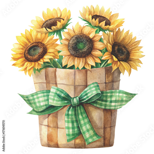 minimal watercolor brown paper bag filled with bright sunflowers clipart watercolor 