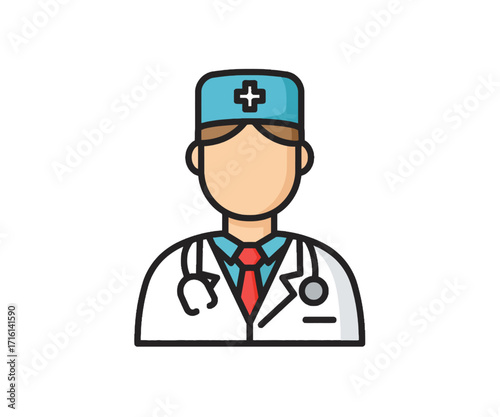 Icon of a doctor in a white coat and stethoscope.
