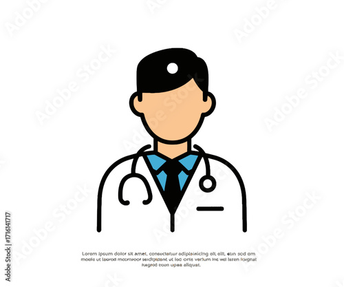 A flat design, color line icon of a male doctor or physician wearing a white coat and a stethoscope around his neck.