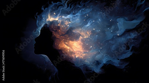 A glowing woman with hair formed of stars and swirling gases, surrounded by blackness