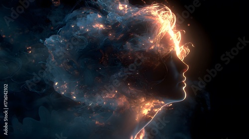 A glowing woman with hair formed of stars and swirling gases, surrounded by blackness